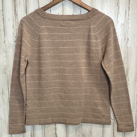 Banana Republic Merino Wool Sweater Large Tan Gold Stripe Quiet Luxury EUC - Picture 2 of 8